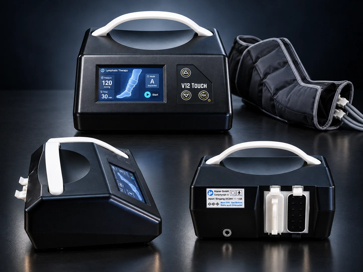 Pneumatic compression therapy device with touchscreen unit and leg cuffs